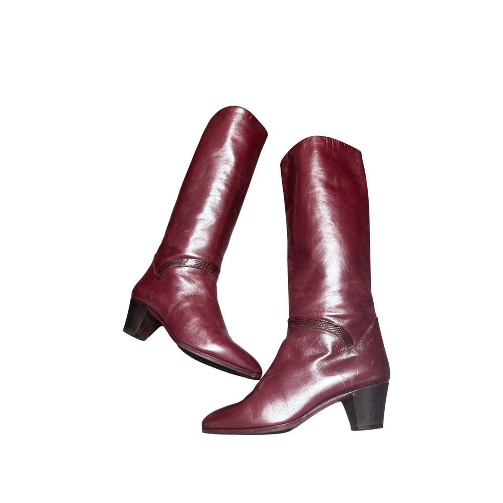 Bally Leather Tall Boots Burgundy Block Heel Italy Sz 6.5 M Vintage Retro Kitten - Picture 2 of 7